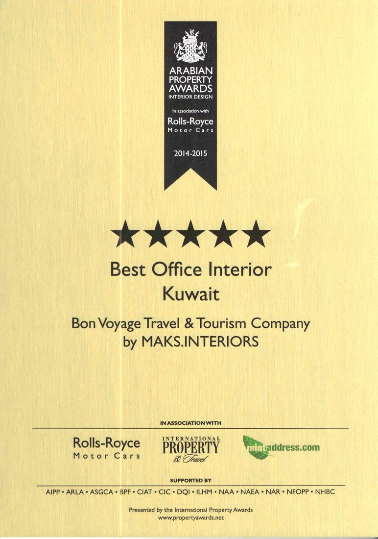 Arabian Property Awards 2014-15 certificate — five-star Best Office Interior Kuwait, Bon Voyage Travel & Tourism Company by MAKS Interiors