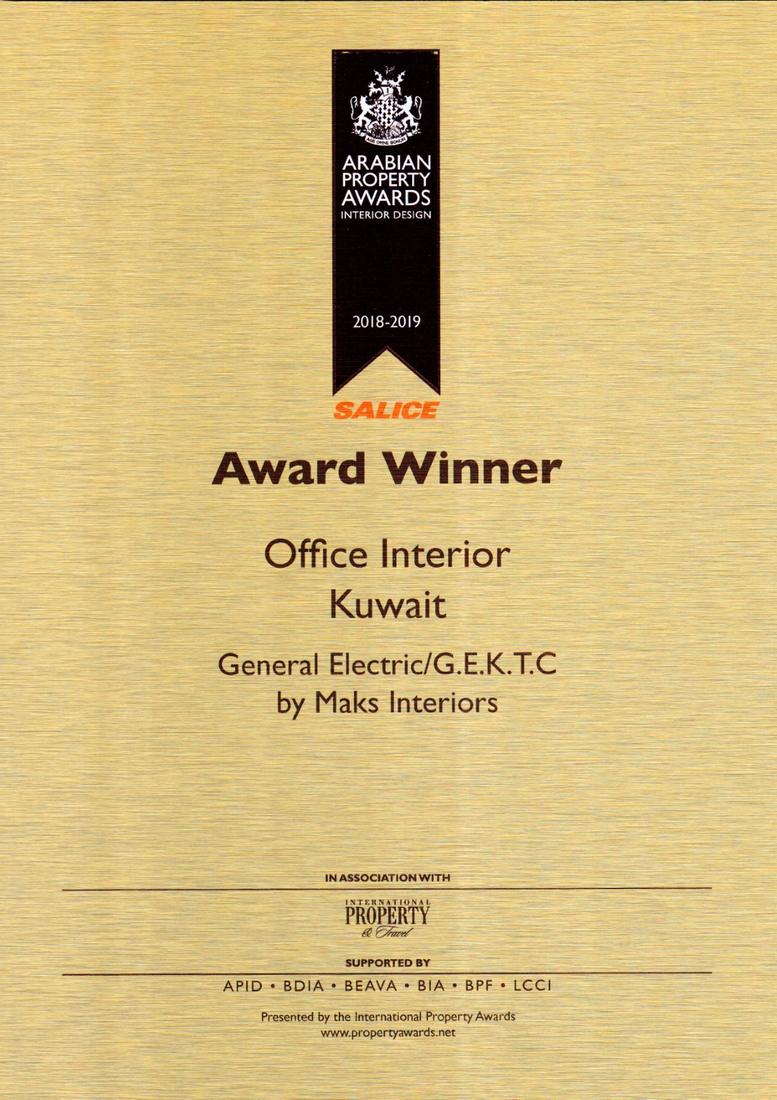 Arabian Property Awards 2018-19 certificate — Award Winner, Office Interior Kuwait, General Electric / G.E.K.T.C by MAKS Interiors