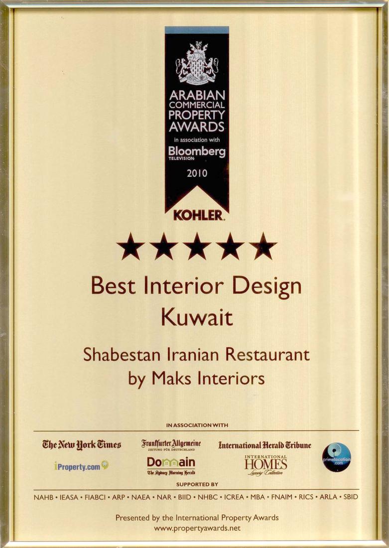 Arabian Commercial Property Awards 2010 certificate — five-star Best Interior Design Kuwait, Shabestan Iranian Restaurant by MAKS Interiors
