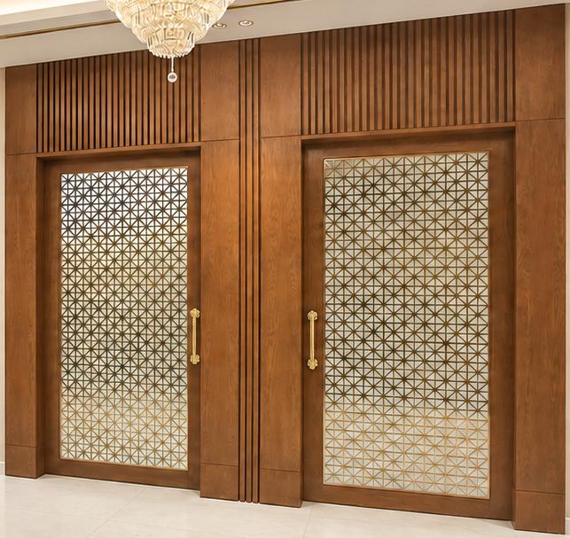 Timber framed doors with decorative metal screen panels