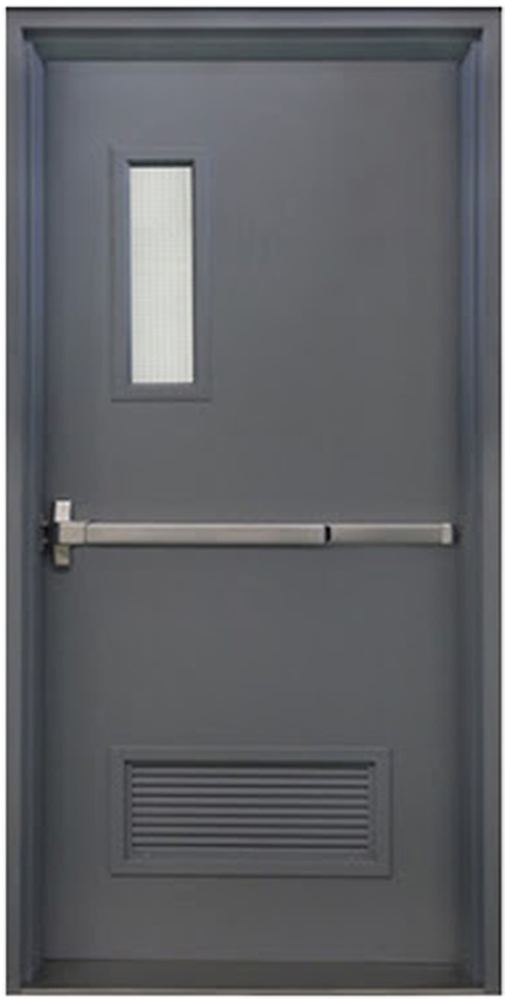 Fire rated metal door with vision panel and panic bar