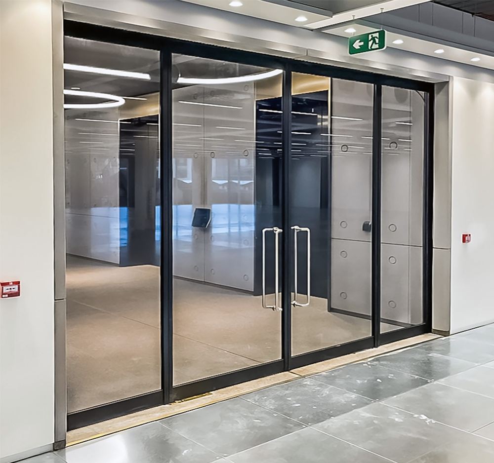 Fire rated glass partition and doors in a commercial interior