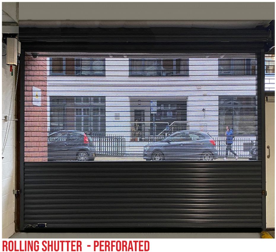 Perforated rolling shutter on a shopfront